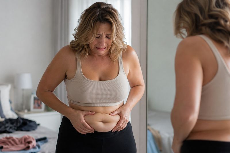 Donna che osserva i cambiamenti del proprio corpo allo specchio